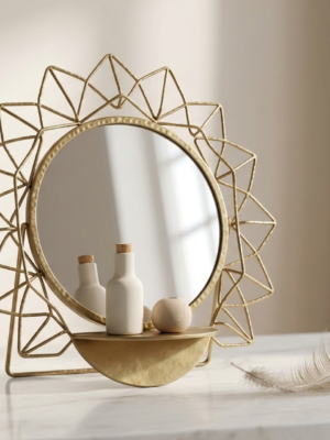 Aura Geometric Sunburst Vanity Mirror with Shelf