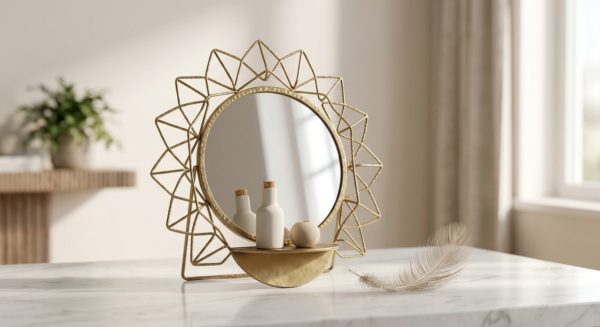 Aura Geometric Sunburst Vanity Mirror with Shelf